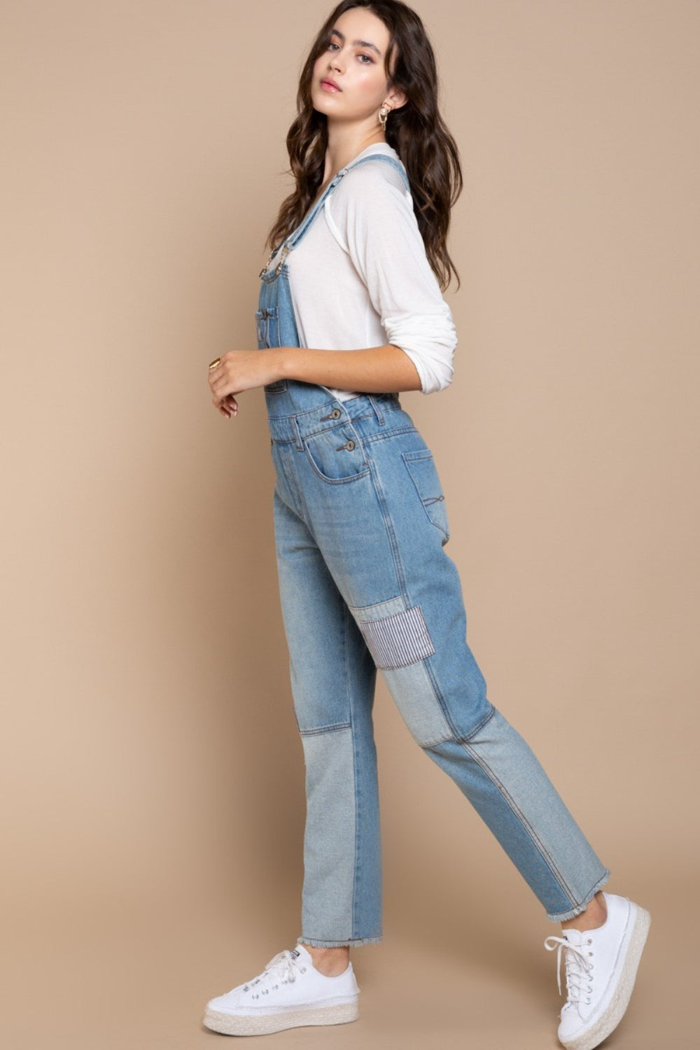 POL Front Chest Zipper Slim Leg Denim Overalls