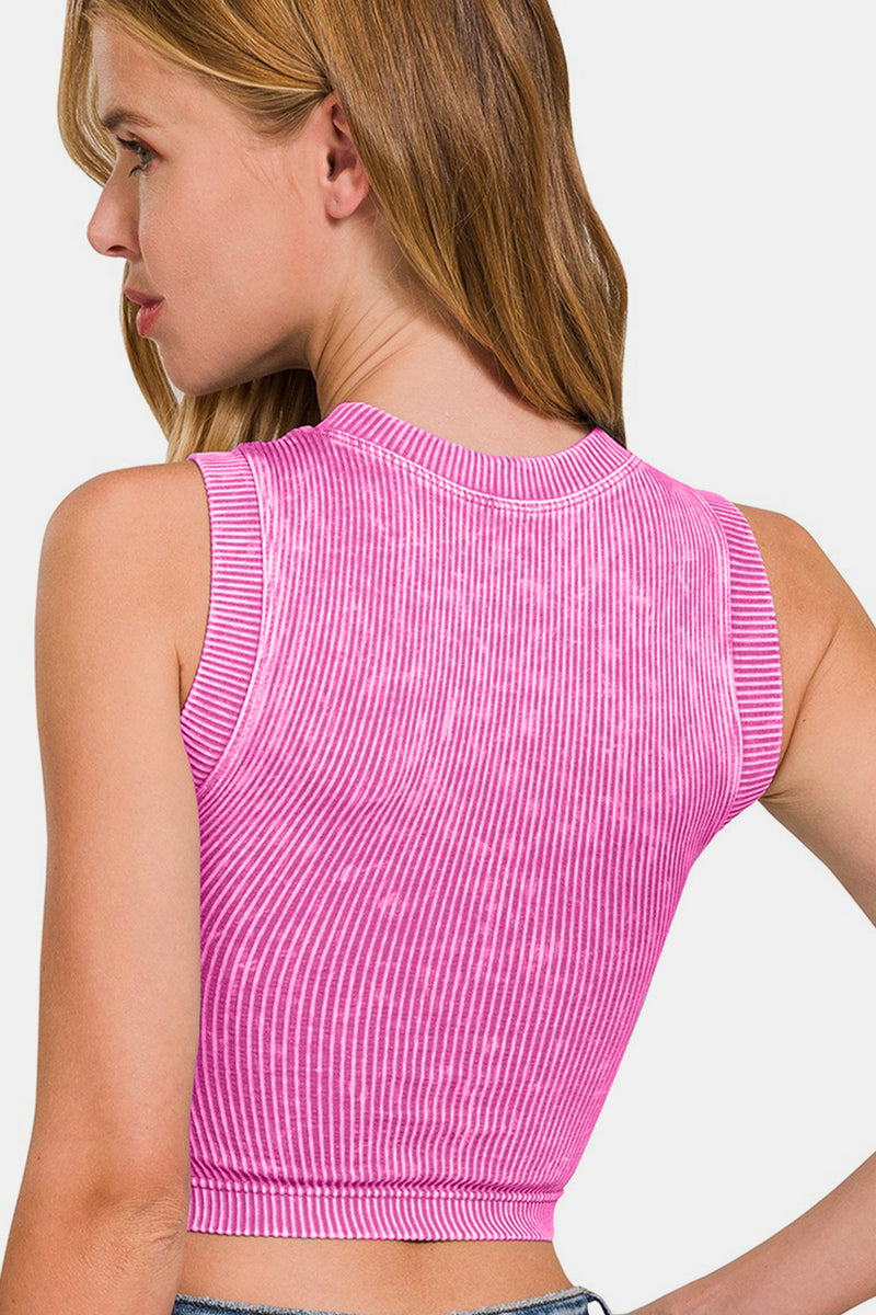 Zenana Washed Ribbed Seamless Crop Tank with Bra Pad