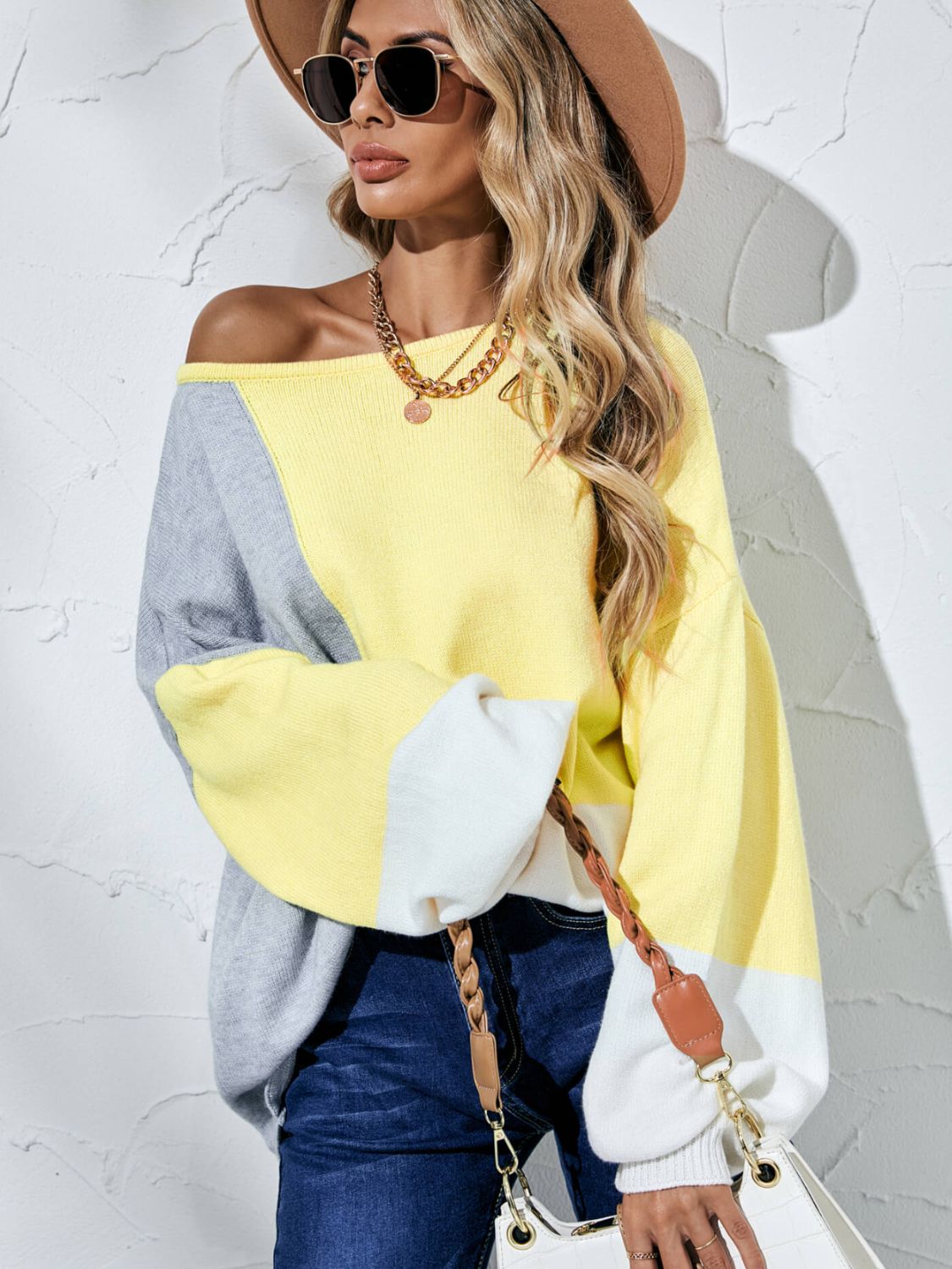 Angel Wings Color Block Balloon Sleeve Boat Neck Sweater