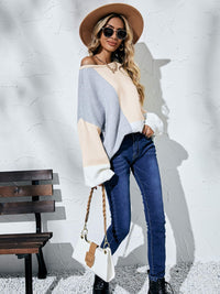 Angel Wings Color Block Balloon Sleeve Boat Neck Sweater