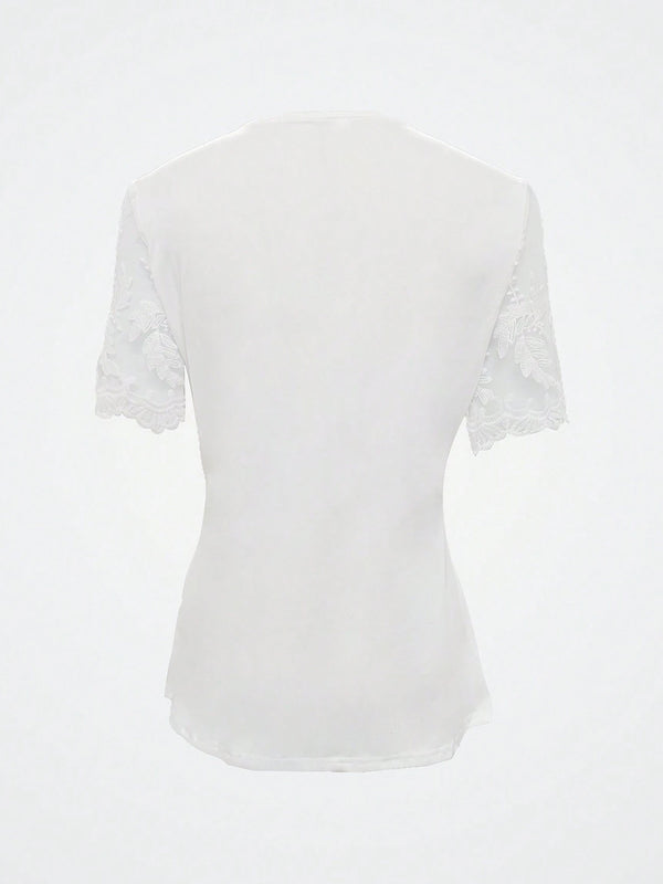 Notched Lace Short Sleeve Top