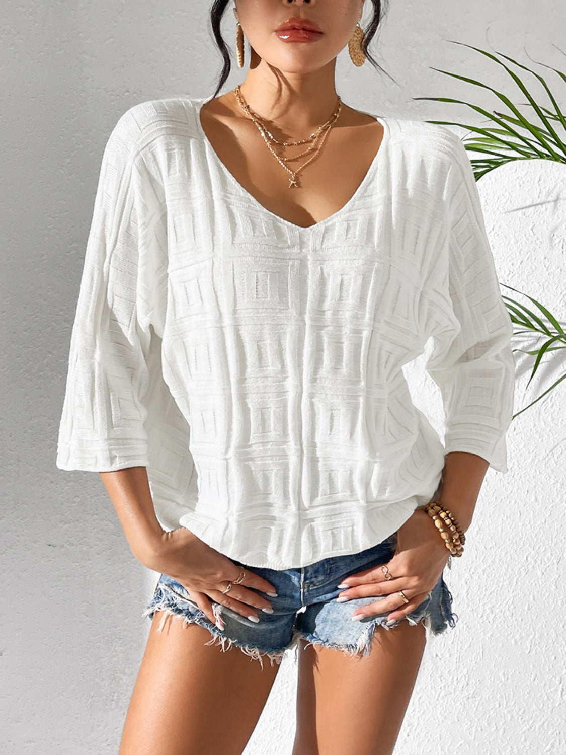 V-Neck Three-Quarter Sleeve Knit Top