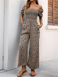 Perfee Smocked Printed Square Neck Puff Sleeve Jumpsuit