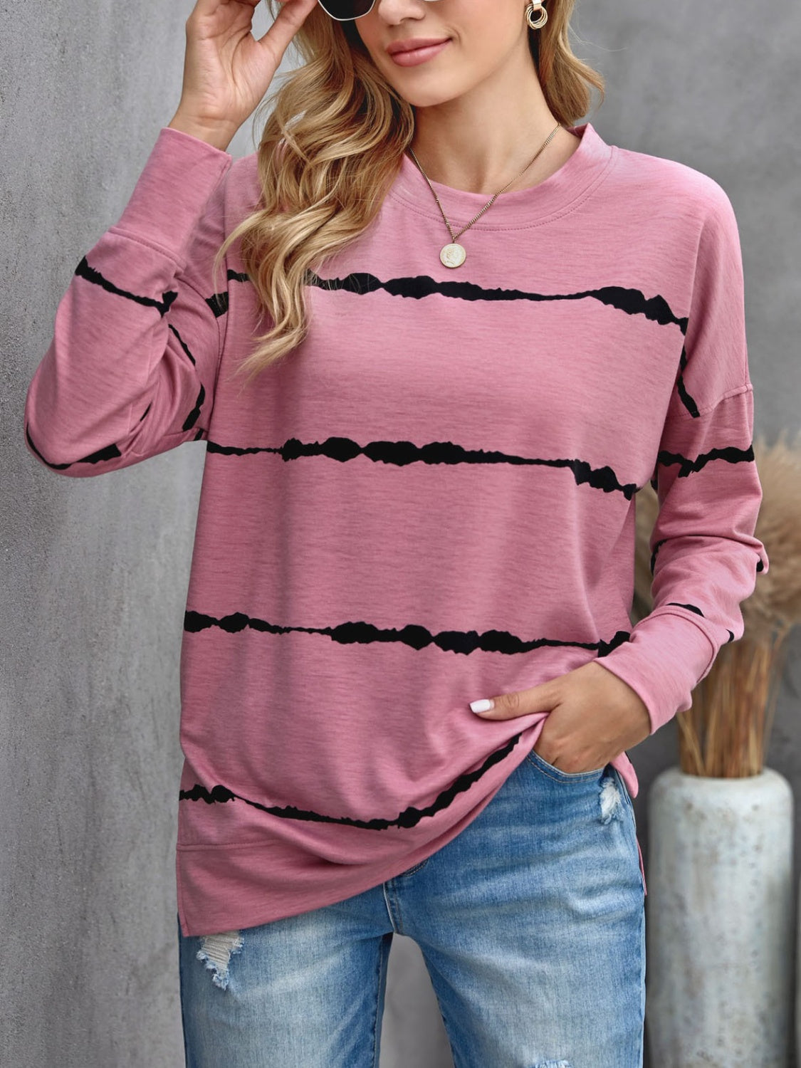 Slit Round Neck Long Sleeve T-Shirt