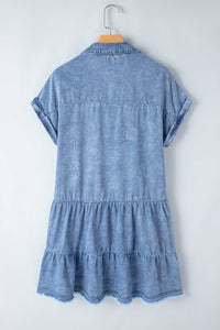 Raw Hem Collared Neck Short Sleeve Denim Dress