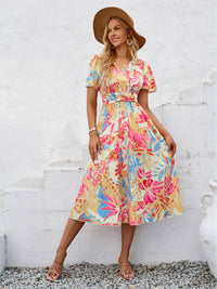 Printed V-Neck Short Sleeve Midi Dress