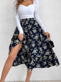 Printed Elastic Waist Midi Skirt