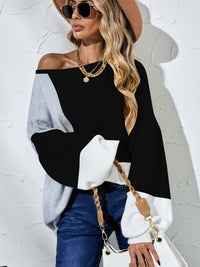 Angel Wings Color Block Balloon Sleeve Boat Neck Sweater