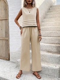 Round Neck Sleeveless Top and Wide Leg Pants Set