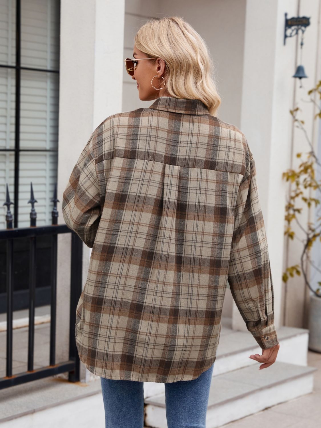 Pocketed Plaid Collared Neck Long Sleeve Shirt