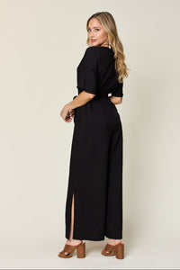 Double Take Full Size V-Neck Tie Front Short Sleeve Slit Jumpsuit