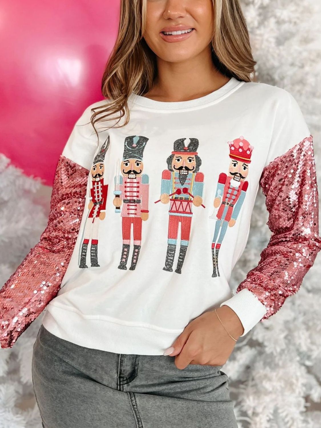 Sequin Nutcracker Round Neck Long Sleeve Sweatshirt