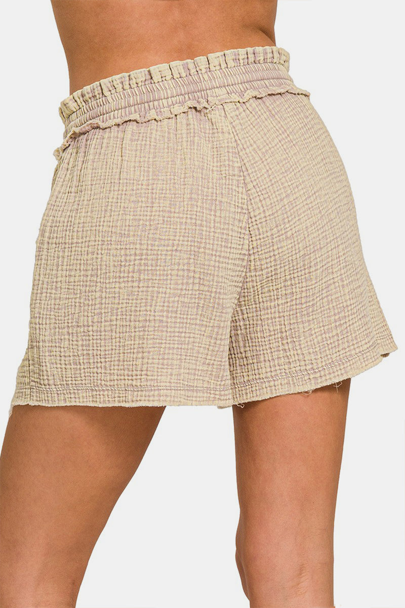 Zenana Washed Frayed Hem Drawstring Shorts