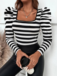 Striped Square Neck Puff Sleeve T-Shirt