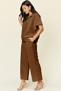 Double Take Full Size Texture Half Zip Short Sleeve Top and Pants Set