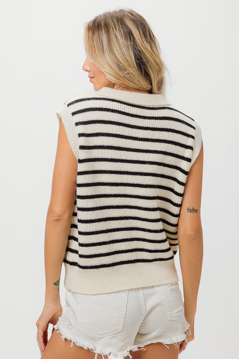 BiBi Flower Patch Striped Half Button Sweater Vest