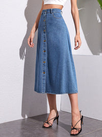 Buttoned Midi Denim Skirt with Pockets