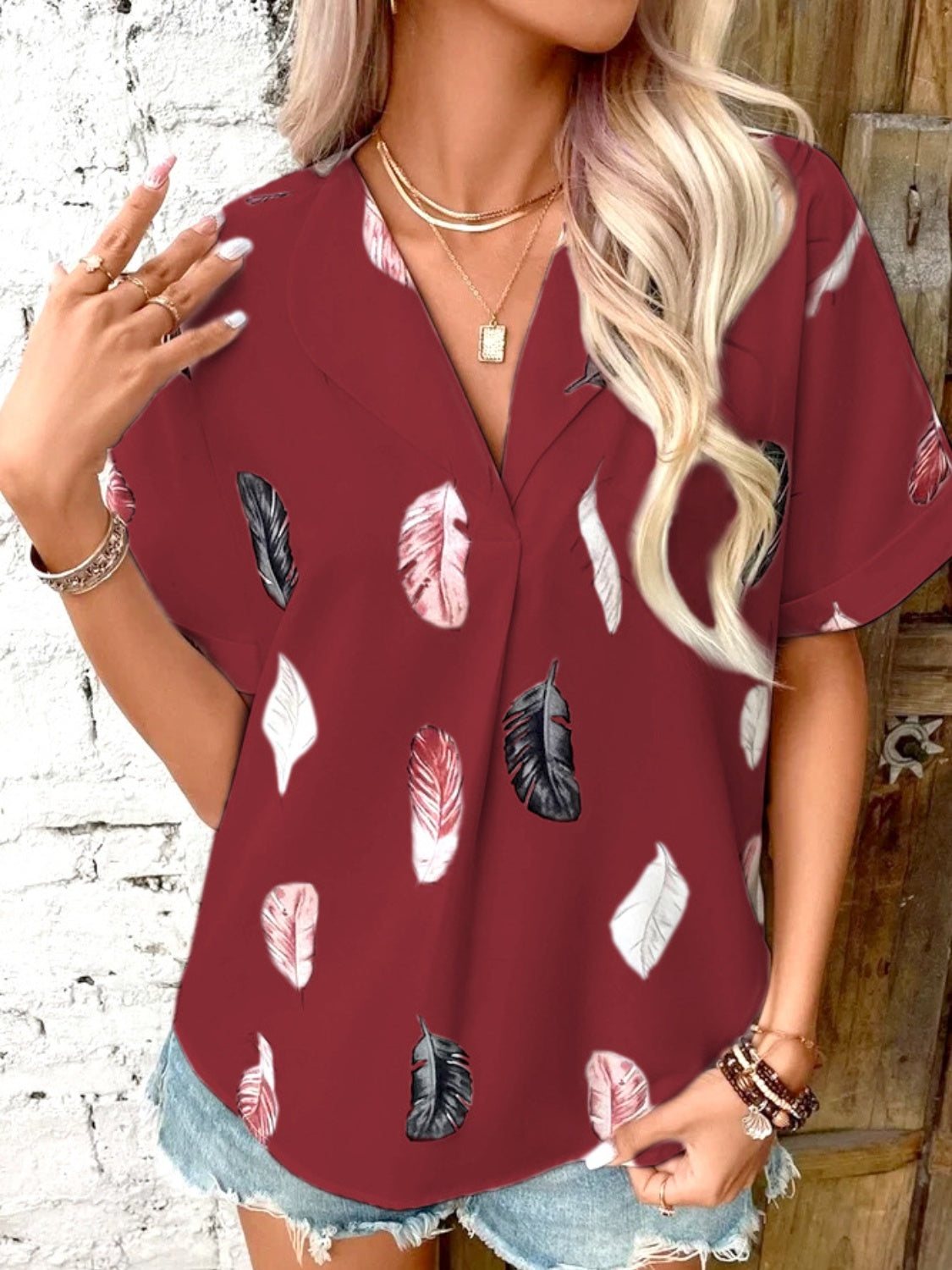 Full Size Printed Collared Neck Short Sleeve Blouse