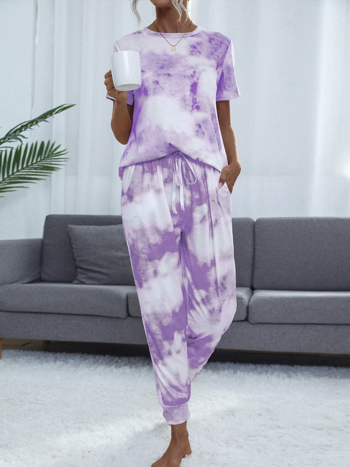 Tie-Dye Round Neck Top and Pants Lounge Set