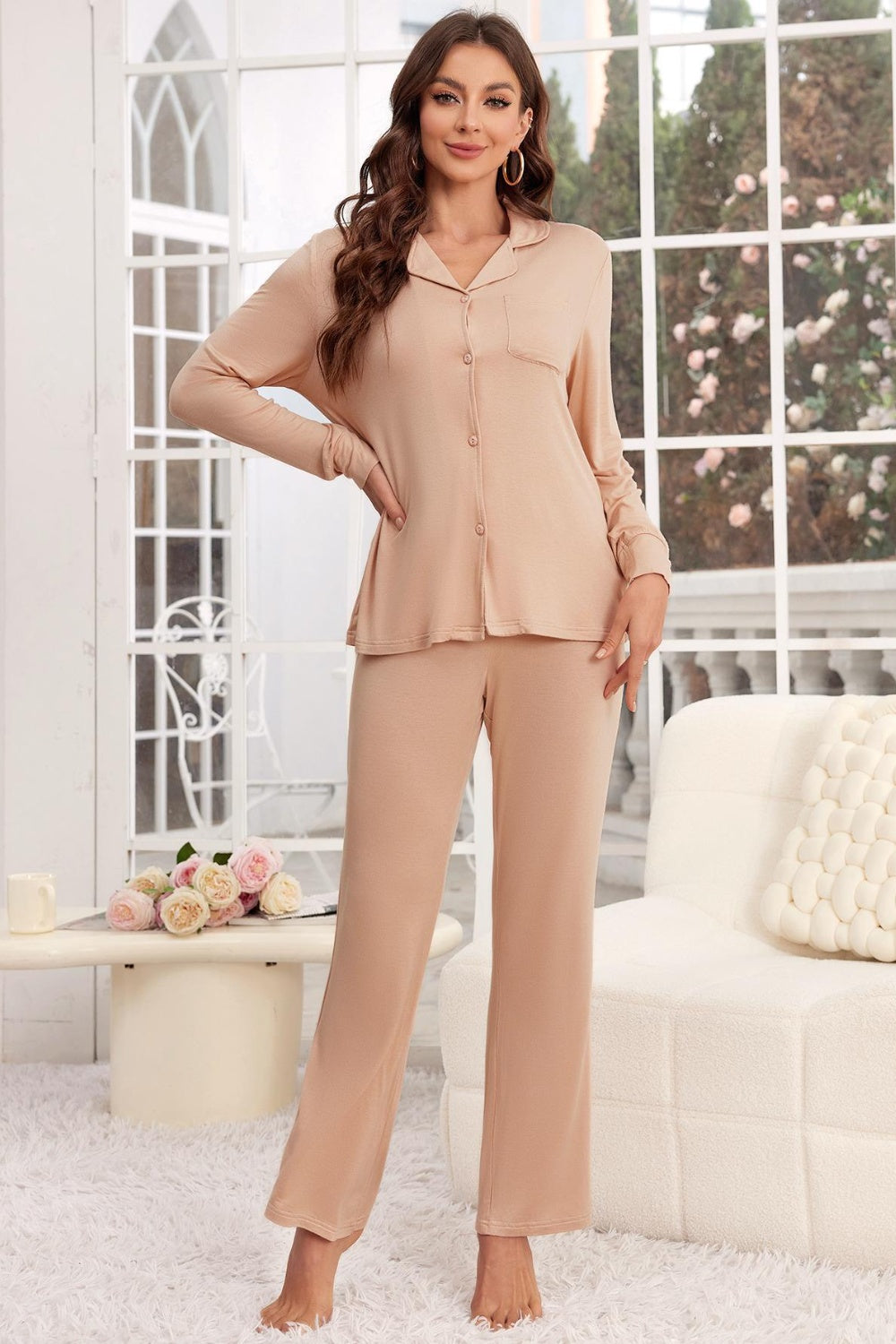 Button Up Long Sleeve Top and Pants Lounge Set