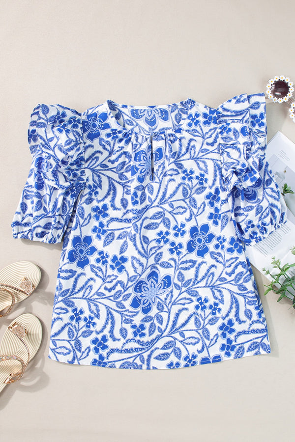 Printed Notched Half Sleeve Blouse