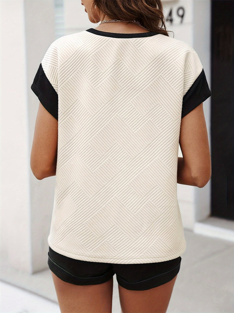 Textured Contrast Round Neck Short Sleeve T-Shirt