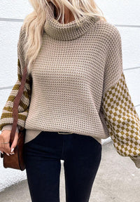 Striped & Checkered Turtleneck Dropped Shoulder Sweater