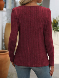 Decorative Button Striped Square Neck Long Sleeve T-Shirt