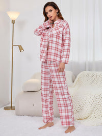 Plaid Collared Neck Long Sleeve Top and Pants Lounge Set