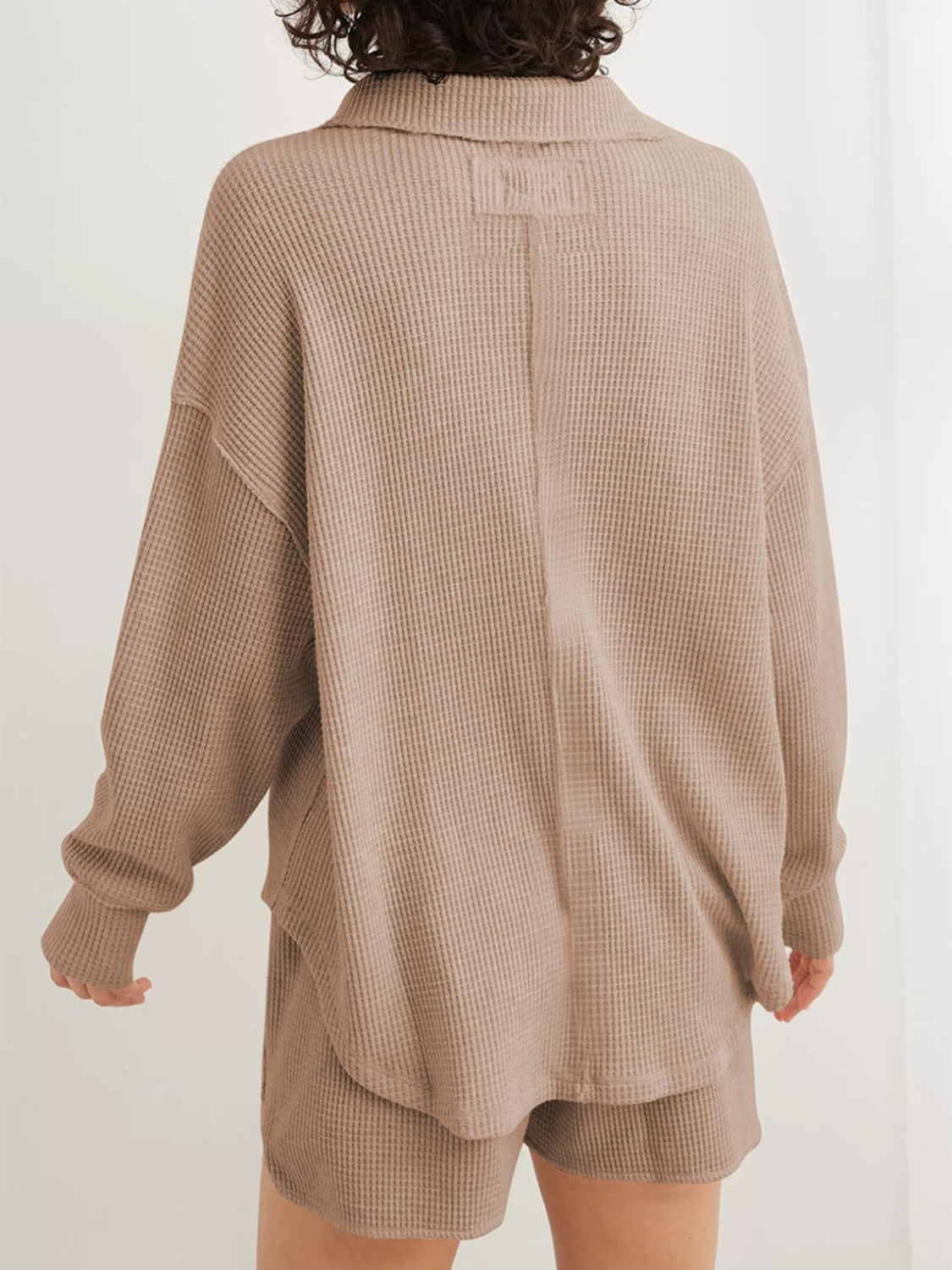 Waffle-Knit Johnny Collar Long Sleeve Sweatshirt