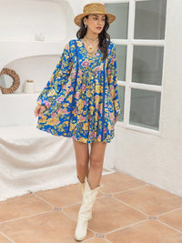 Printed V-Neck Balloon Sleeve Mini Dress