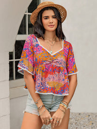 Ruched Printed Half Sleeve Blouse