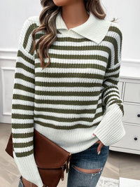 Striped Collared Neck Long Sleeve Sweater