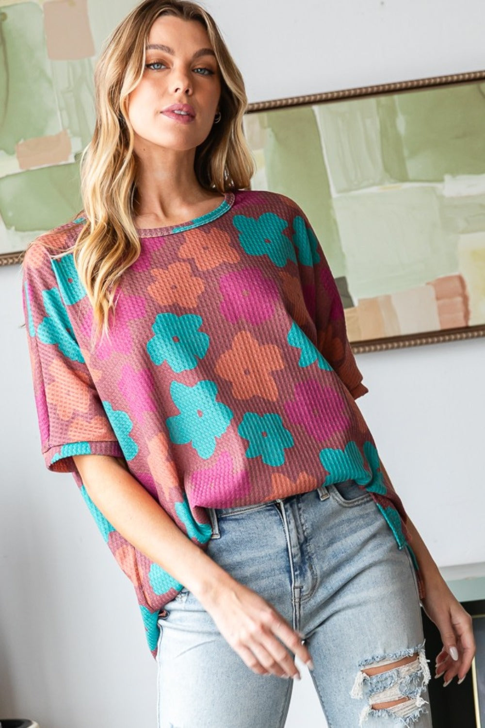 HOPELY Full Size Floral Round Neck Side Slit T-Shirt