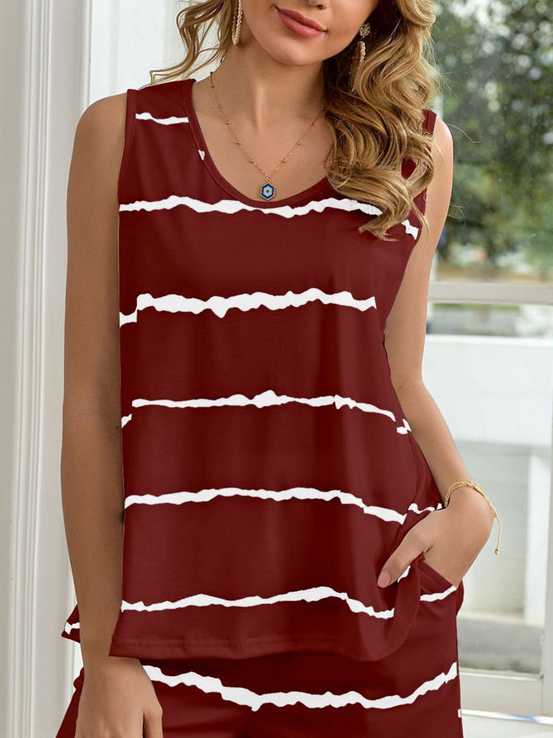 Striped Round Neck Tank and Shorts Lounge Set