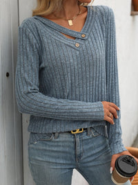 Ribbed V-Neck Long Sleeve T-Shirt