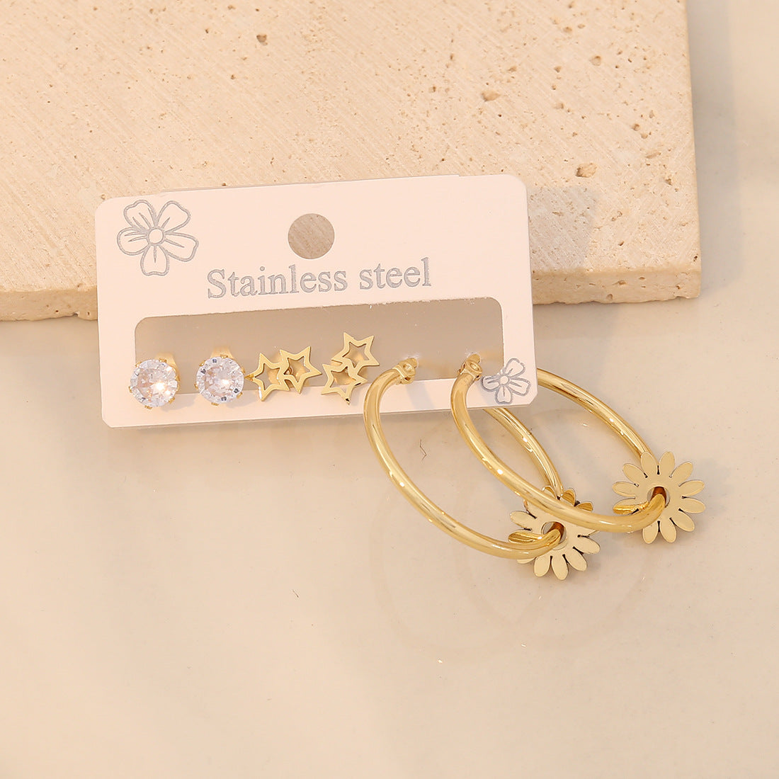 3 Piece Gold-Plated Stainless Steel Earrings