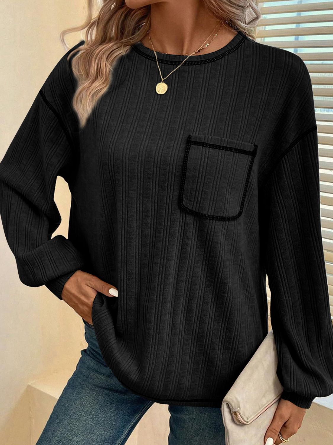 Mandy Contrast Stitching Round Neck Long Sleeve T-Shirt