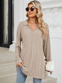 Slit Johnny Collar Long Sleeve T-Shirt