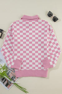 Checkered Collared Neck Dropped Shoulder Sweater