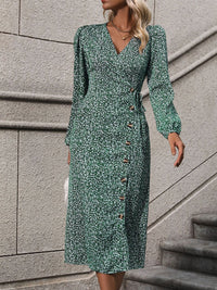 Printed Surplice Long Sleeve Midi Dress