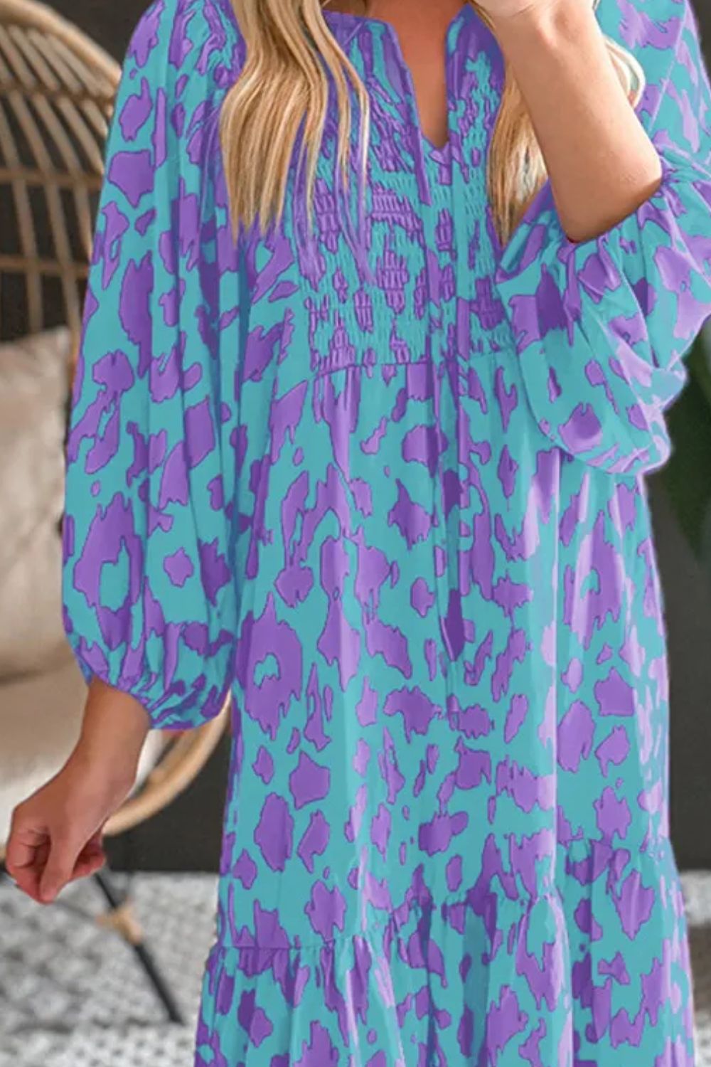 Smocked Printed Tie Neck Long Sleeve Dress