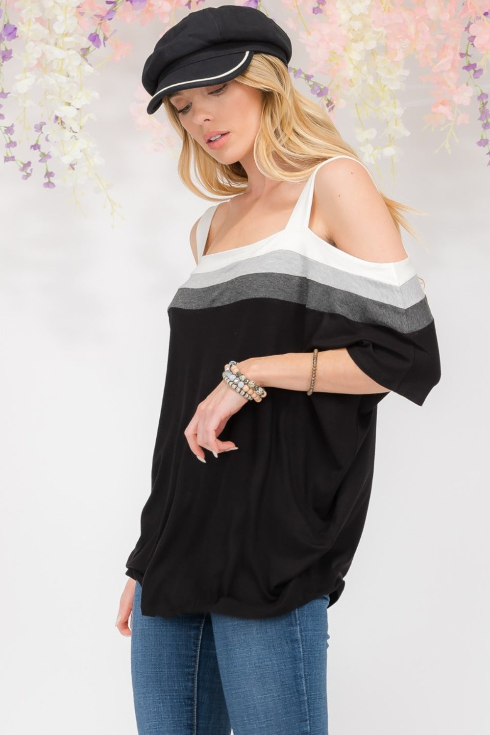 Celeste Full Size Striped Cold Shoulder Top