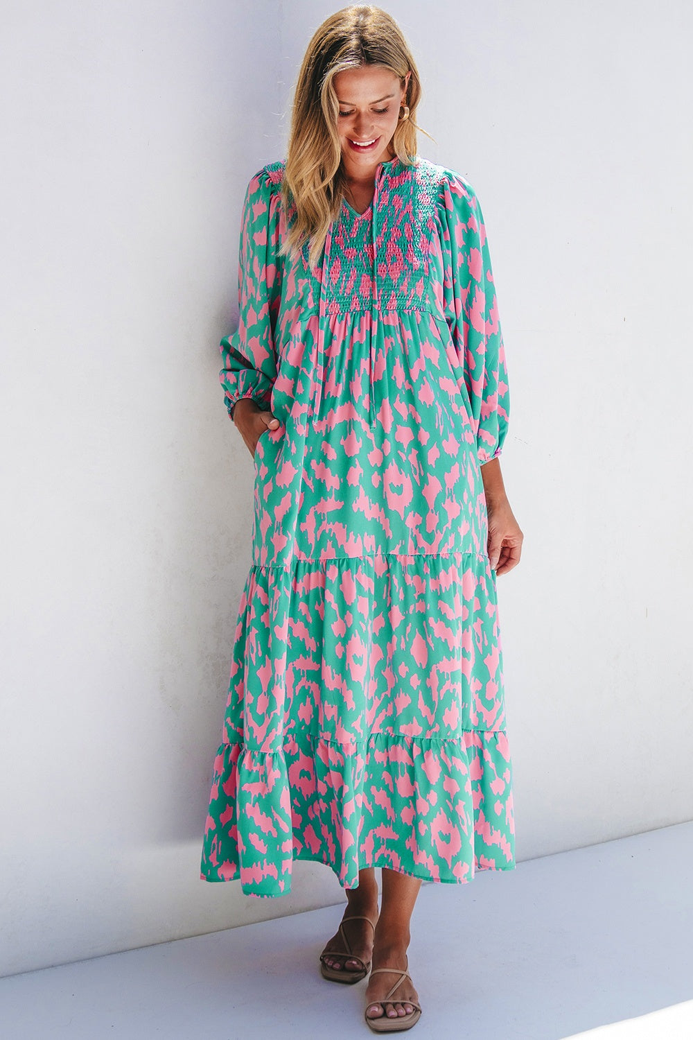 Smocked Printed Tie Neck Long Sleeve Dress