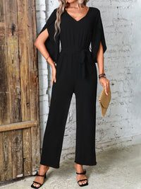 Tied V-Neck Half Sleeve Wide Leg Jumpsuit