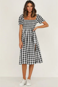 Full Size Slit Plaid Short Sleeve Midi Dress