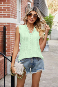 Eyelet Lace Trim Eyelash V-Neck Tank