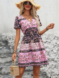 Printed V-Neck Short Sleeve Mini Dress