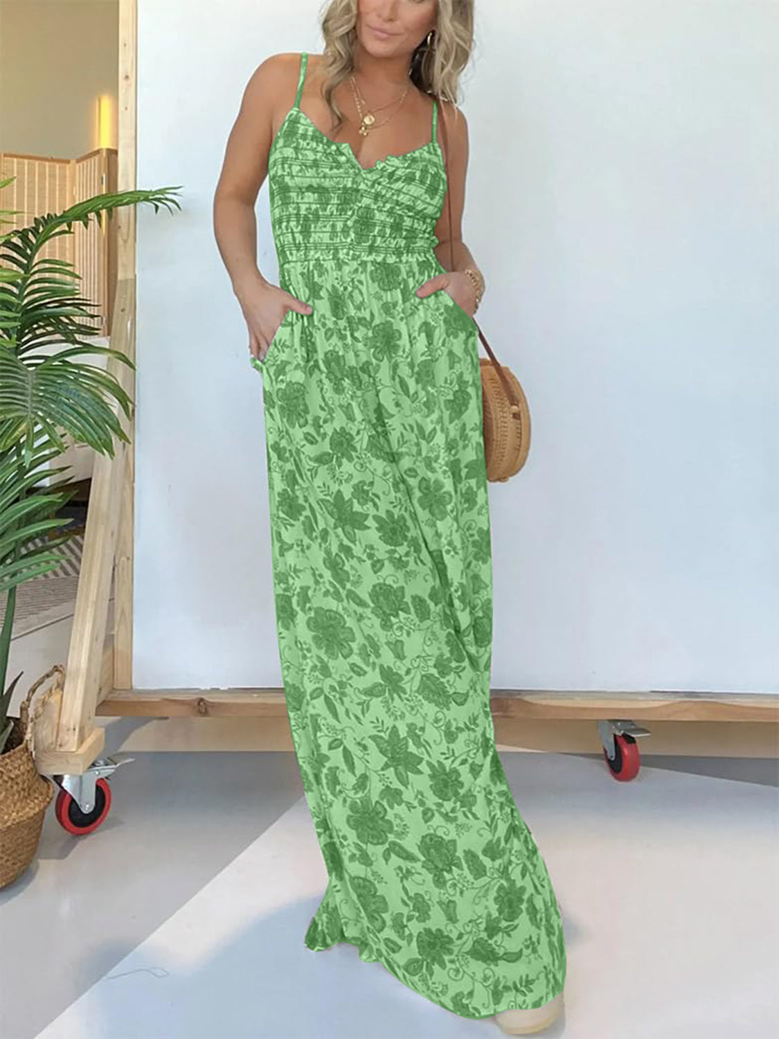 Full Size Printed Spaghetti Strap Wide Leg Jumpsuit