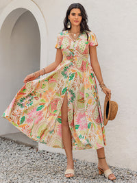 Printed V-Neck Short Sleeve Midi Dress